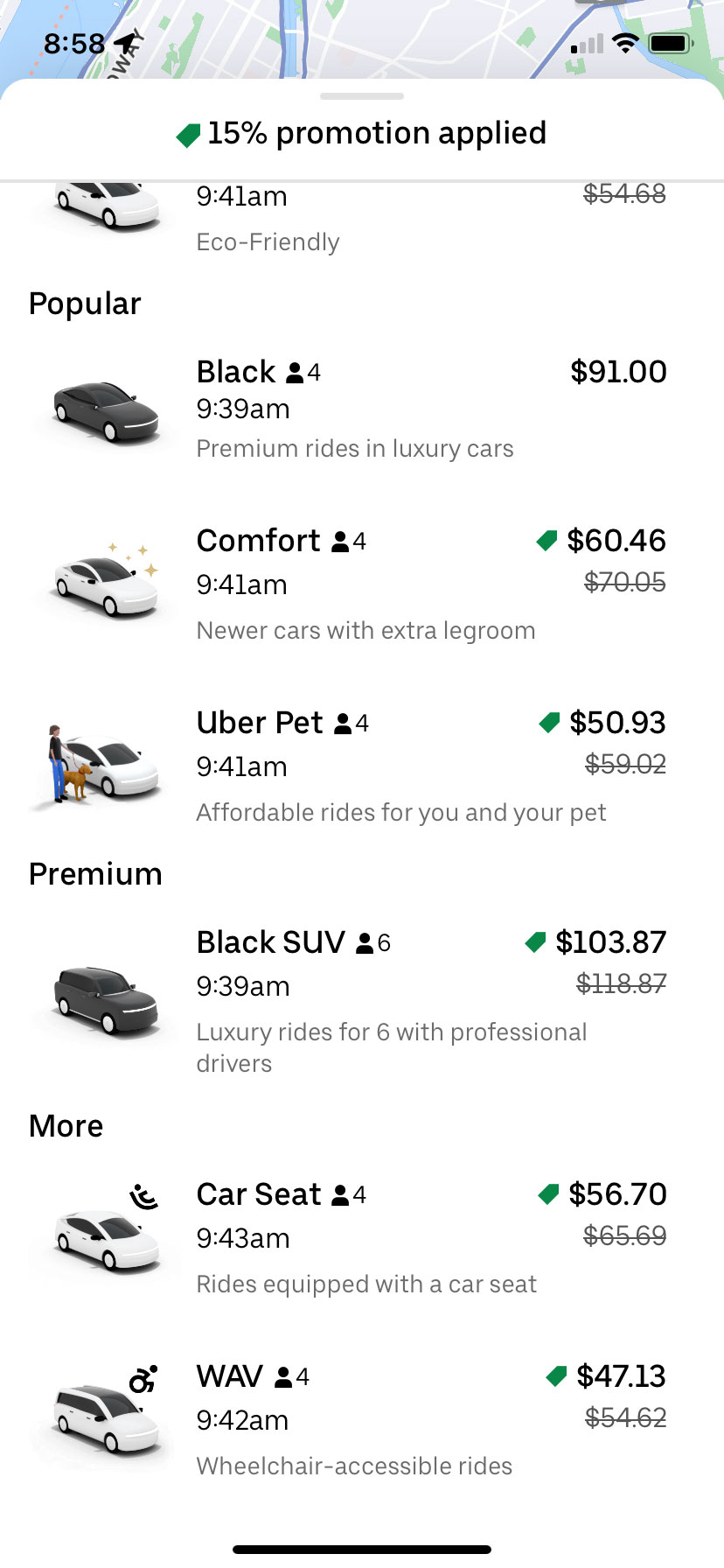 The “Choose a ride” screen in the Uber app where users can select the “Car Seat” option to request an Uber Car Seat